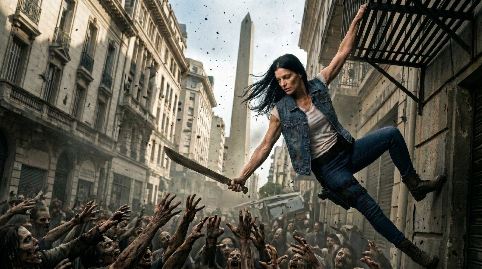 Mujer superviviente entre zombis frente al Obelisco de Buenos Aires — video generado con IA por Dos Players