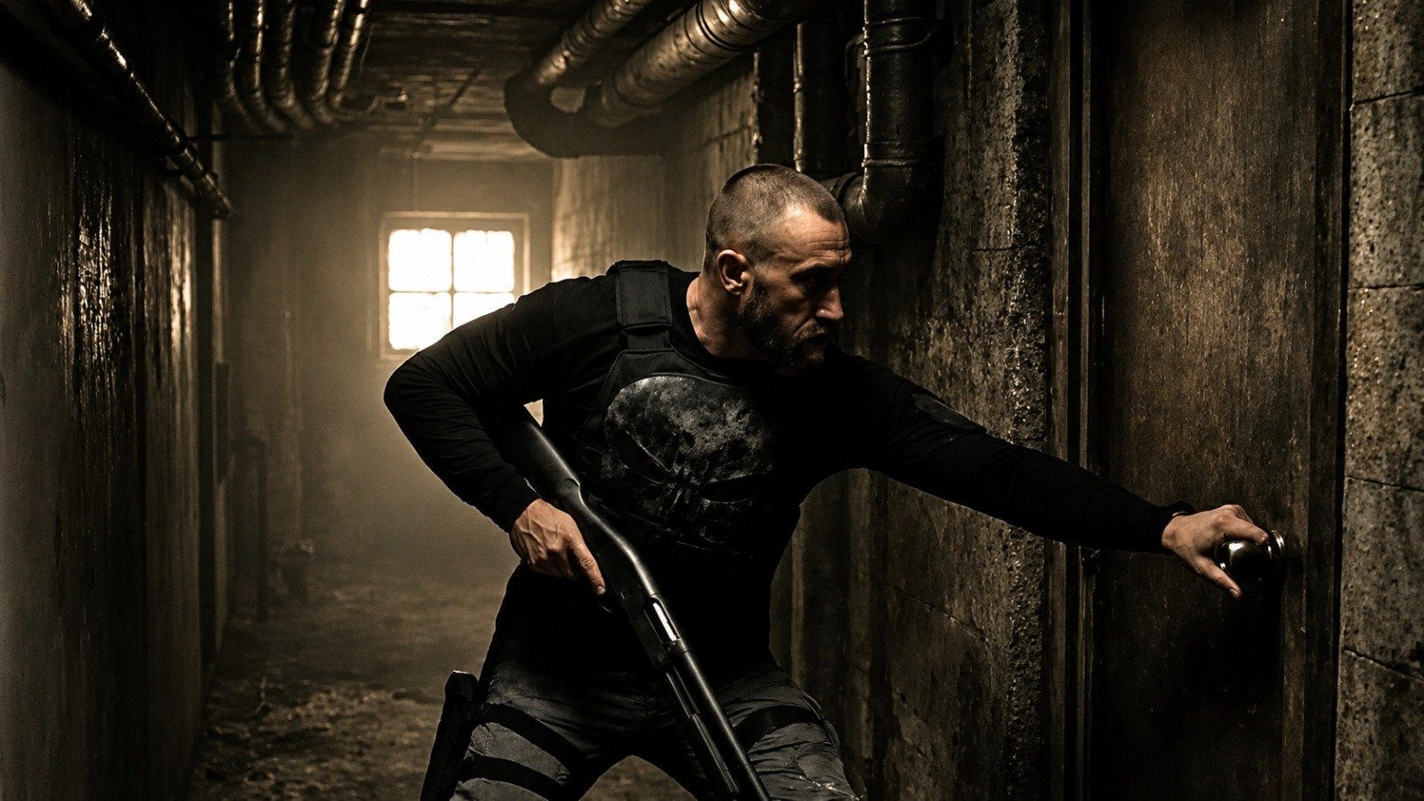 Punisher en pasillo oscuro con escopeta, live action generado con IA — Dos Players
